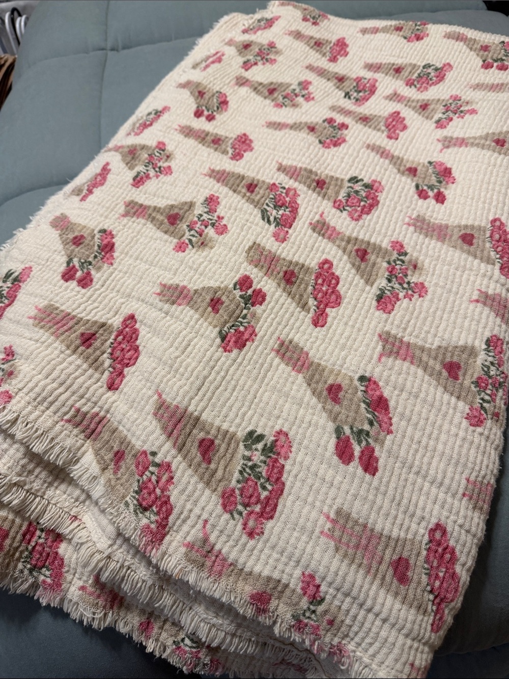 Floral Pink & Cream Cotton Quilted Throw Blanket